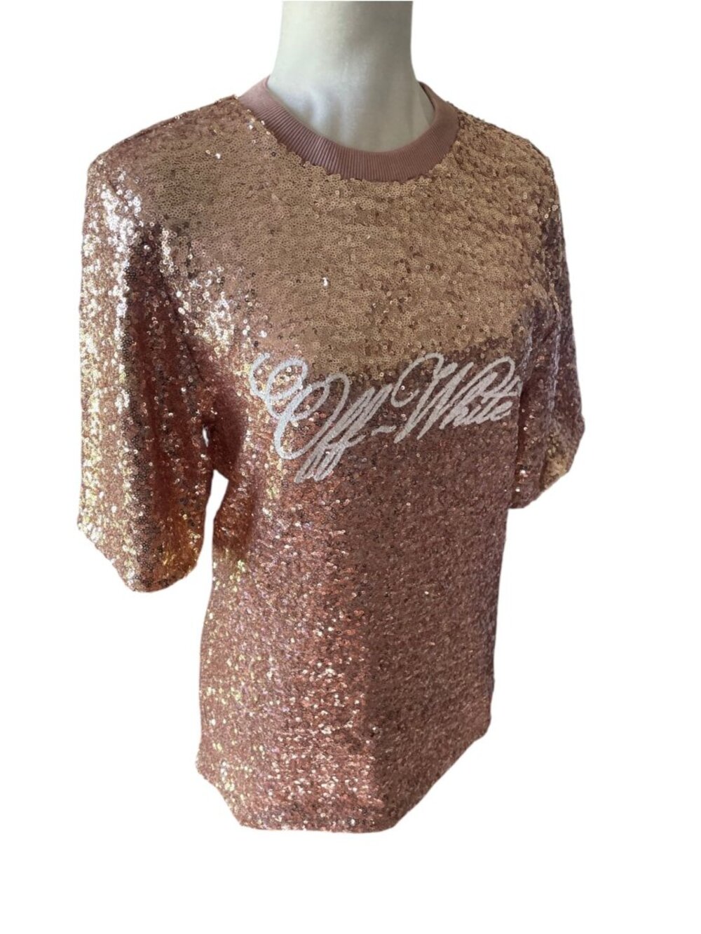 NEW Off-White Short Sleeve Shirt Sequin Rose Gold White Logo Glam Streetwear - Picture 7 of 16